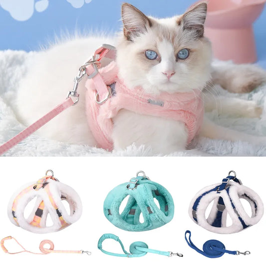 Glamour-Paws Luxury Fur-Trimmed Harness & Leash Set for Cats